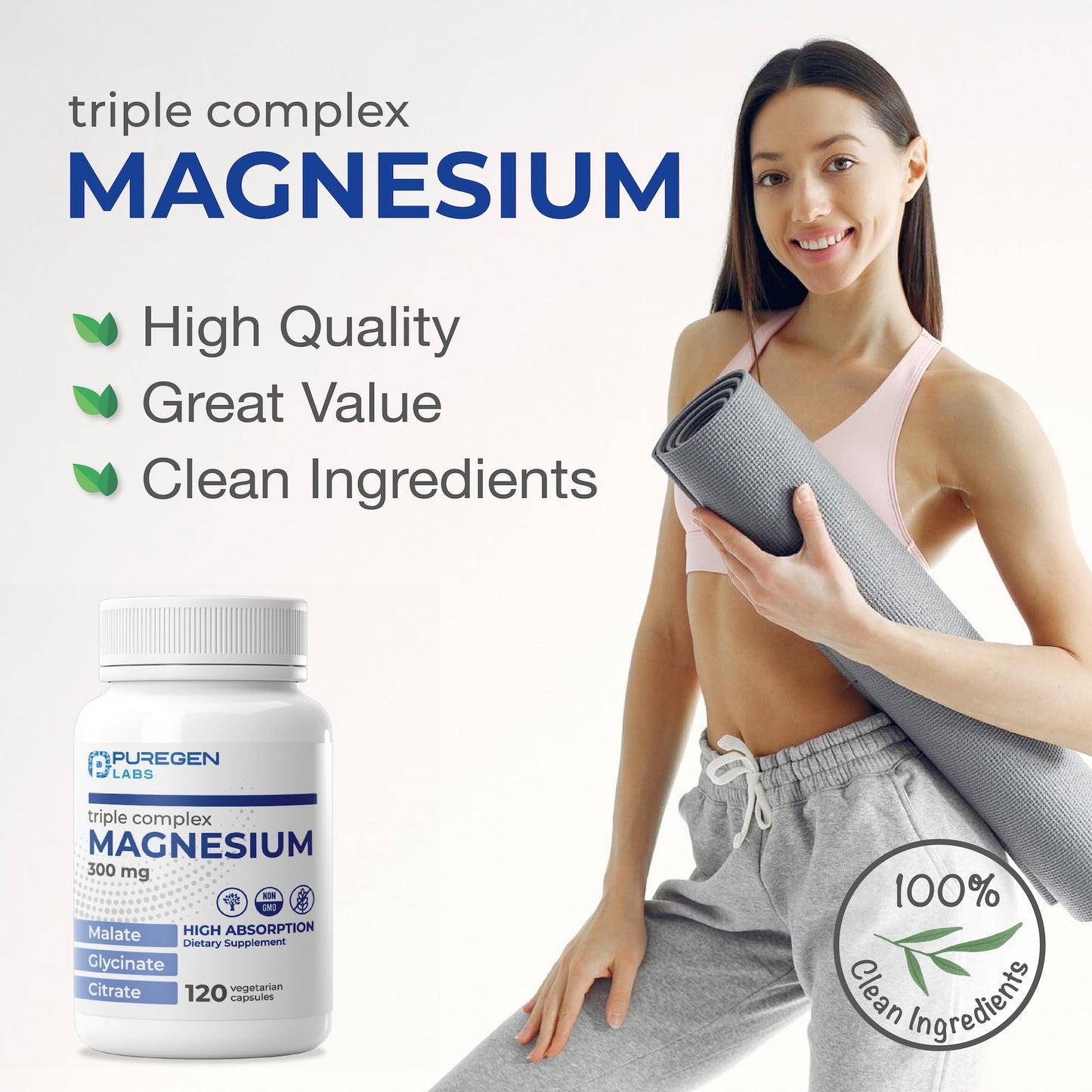 Puregen Labs Triple Magnesium Complex 300mg of Magnesium Glycinate, Malate, & Citrate - Maple Wellness Supplements