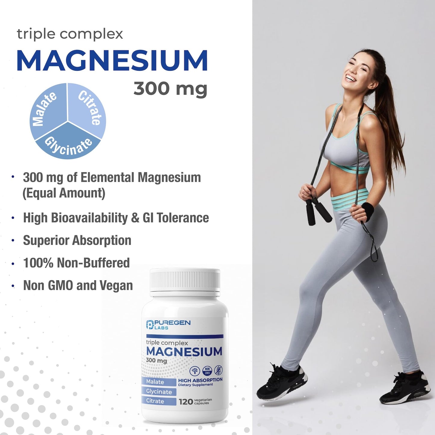 Puregen Labs Triple Magnesium Complex 300mg of Magnesium Glycinate, Malate, & Citrate - Maple Wellness Supplements
