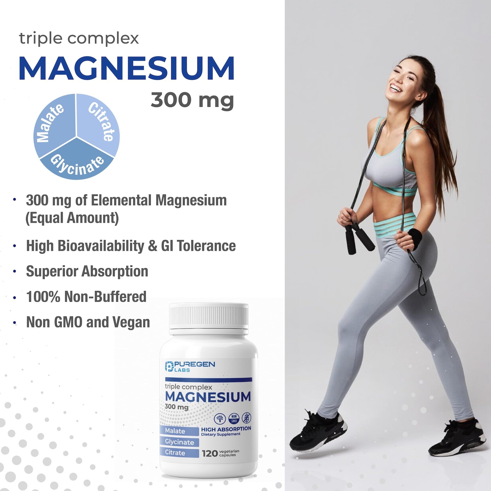 Puregen Labs Triple Magnesium Complex 300mg of Magnesium Glycinate, Malate, & Citrate - Maple Wellness Supplements