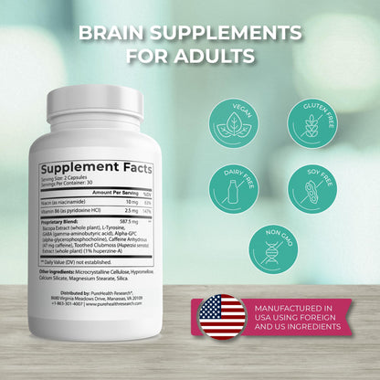 PUREHEALTH RESEARCH Ageless Brain Supplements for Memory and Focus - Nootropic Brain Health Supplement for Adults - with Bacopa Monieri, Alpha GPC, L-Tyrosine, Vitamin B6, Niacin & More, 60 Capsules - Maple Wellness Supplements