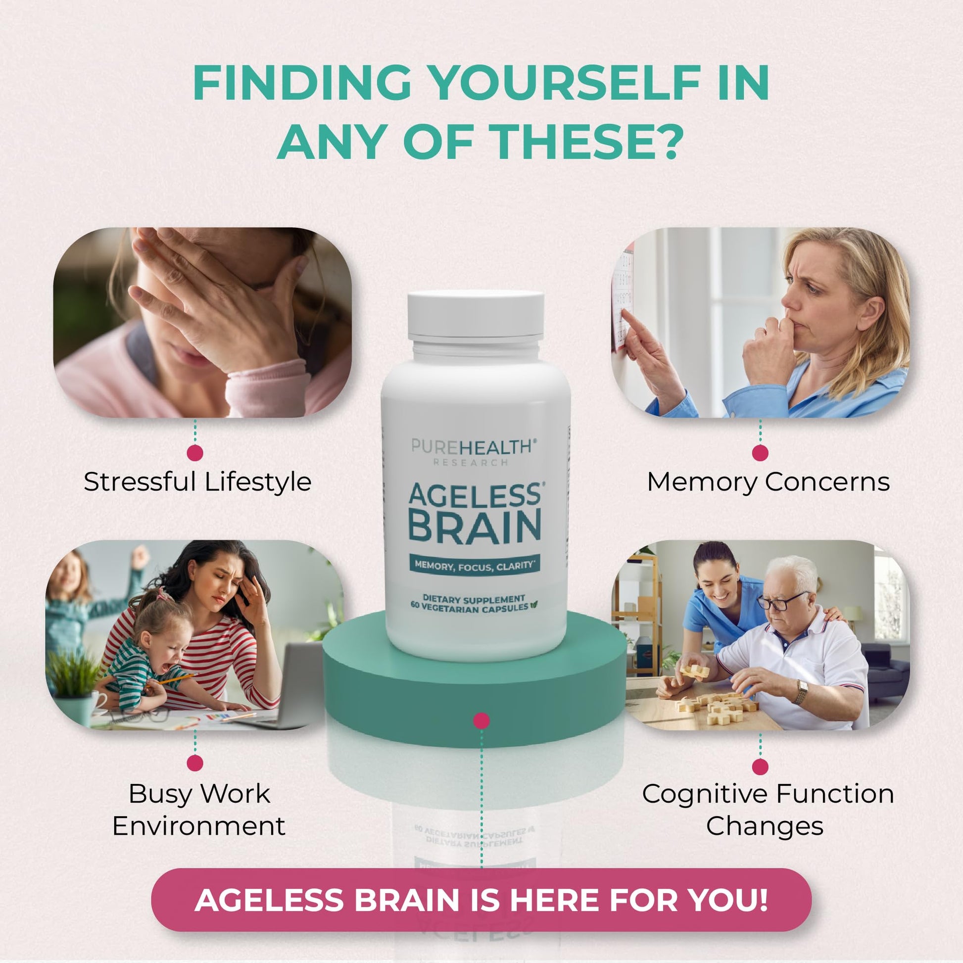 PUREHEALTH RESEARCH Ageless Brain Supplements for Memory and Focus - Nootropic Brain Health Supplement for Adults - with Bacopa Monieri, Alpha GPC, L-Tyrosine, Vitamin B6, Niacin & More, 60 Capsules - Maple Wellness Supplements