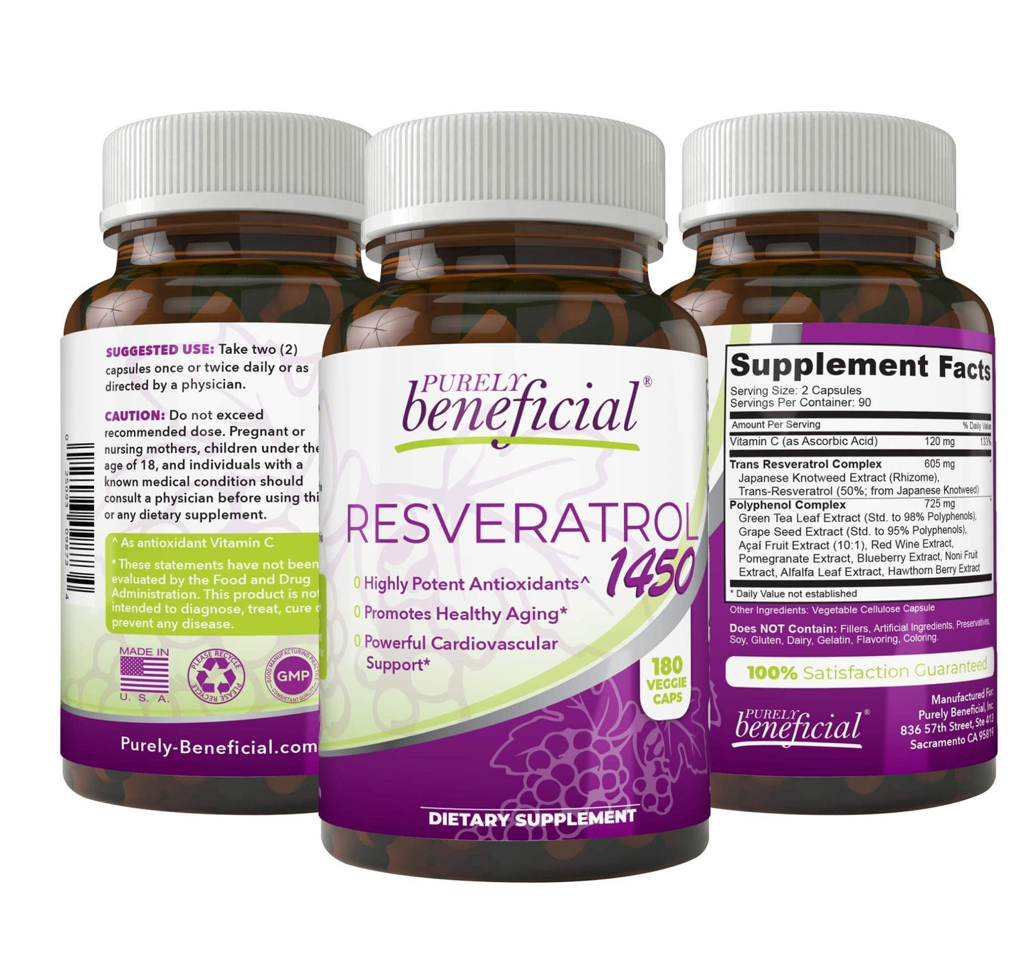 PURELY beneficial RESVERATROL1450-90day Supply, 1450mg per Serving of Potent Antioxidants & Trans-Resveratrol, Promotes Anti-Aging - Maple Wellness Supplements