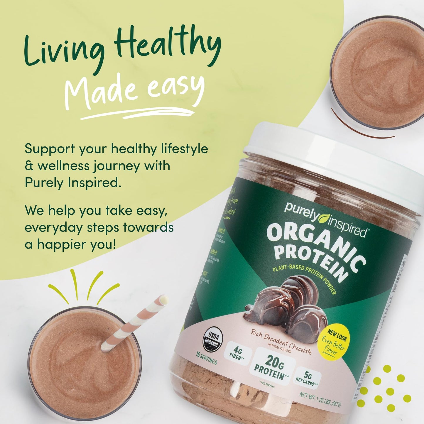 Purely Inspired Plant-Based Protein Powder for Men & Women, Rich Decadent Chocolate (16 Servings) - Vegan & Organic - 20g of Pea Protein Powder for Smoothies & Shakes - Maple Wellness Supplements