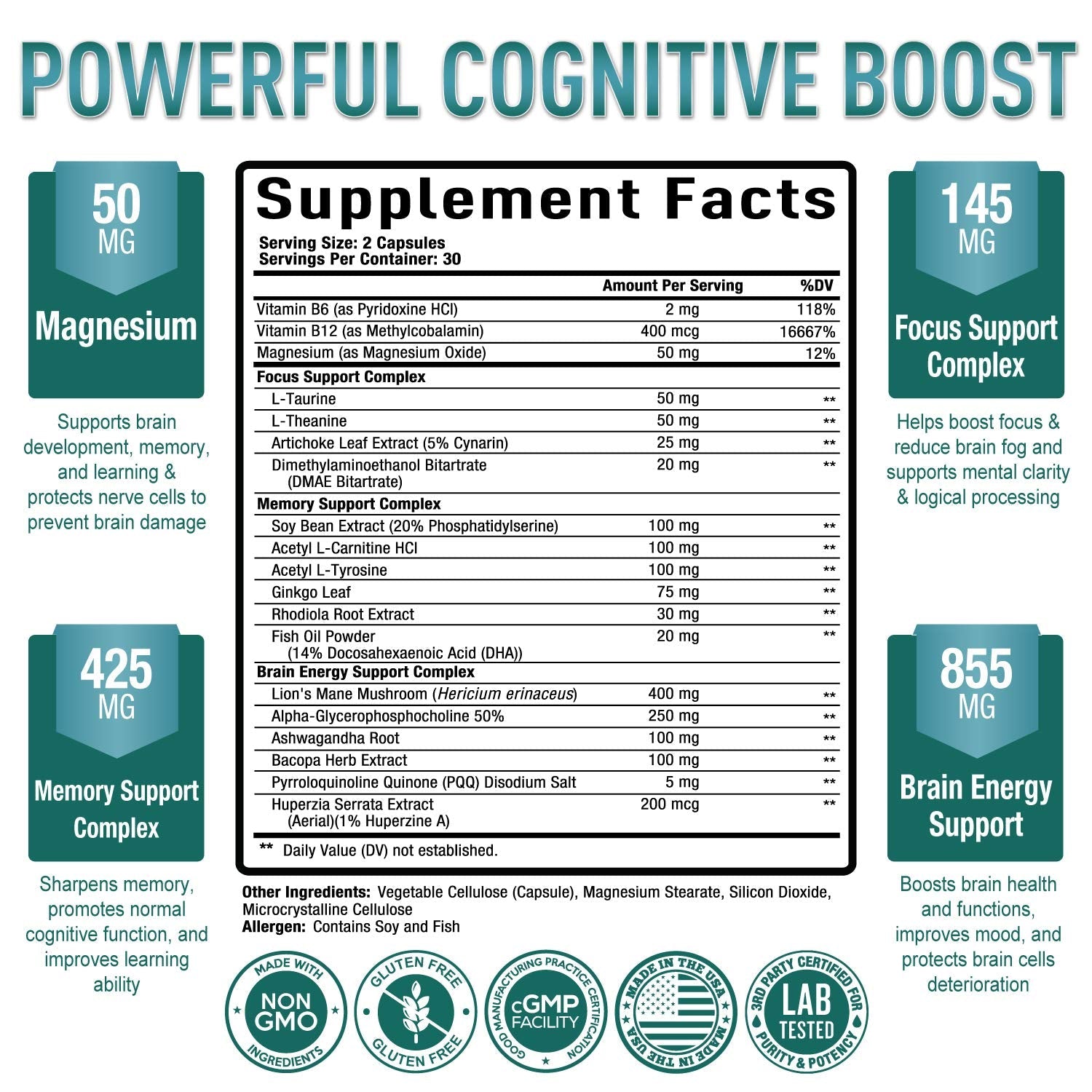 Purely Optimal Brain Booster Nootropic Supplement – Brain Support for Memory, Focus, Clarity, Jitter-Free Energy for Adults, Seniors– with Ginkgo Biloba, Alpha GPC, Lion’s Mane – 60 Capsules - Maple Wellness Supplements