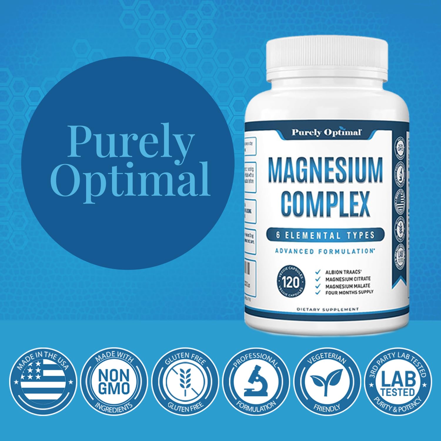 Purely Optimal Magnesium Complex - 6 Forms Magnesium Glycinate, Citrate & Malate - Sleep Support, Stress Relief, Muscles, Heart Health & Relaxation - Maple Wellness Supplements