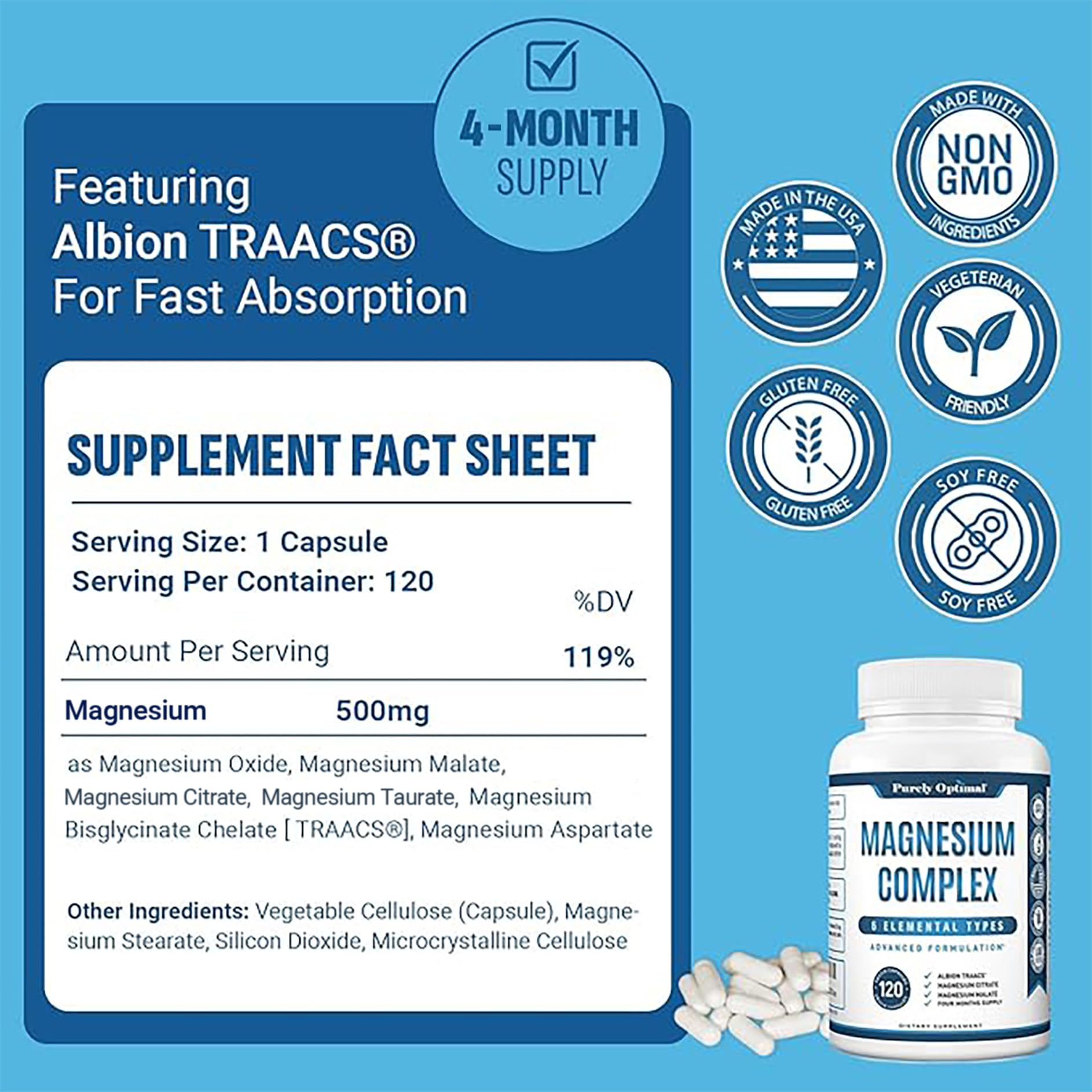 Purely Optimal Magnesium Complex - 6 Forms Magnesium Glycinate, Citrate & Malate - Sleep Support, Stress Relief, Muscles, Heart Health & Relaxation - Maple Wellness Supplements