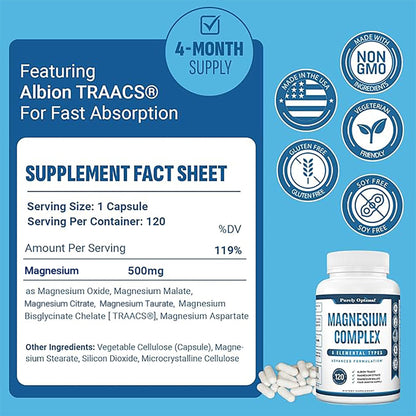 Purely Optimal Magnesium Complex - 6 Forms Magnesium Glycinate, Citrate & Malate - Sleep Support, Stress Relief, Muscles, Heart Health & Relaxation - Maple Wellness Supplements