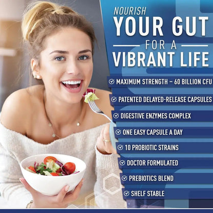 Purely Optimal Probiotics for Digestive Health, 60 Billion CFU – Delayed-Release with Digestive Enzymes & Organic Prebiotics – Bloating, Immune & Energy Support, 30 Caps - Maple Wellness Supplements