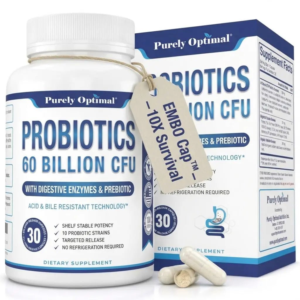 Purely Optimal Probiotics for Digestive Health, 60 Billion CFU – Delayed-Release with Digestive Enzymes & Organic Prebiotics – Bloating, Immune & Energy Support, 30 Caps - Maple Wellness Supplements