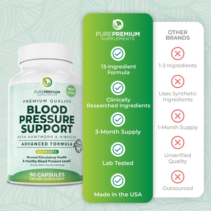 PurePremium Blood Pressure Supplements with Hawthorn Berry, Hibiscus, Garlic & Vitamin B12- Nitric Oxide Supplement for Normal Heart Health - Maple Wellness Supplements