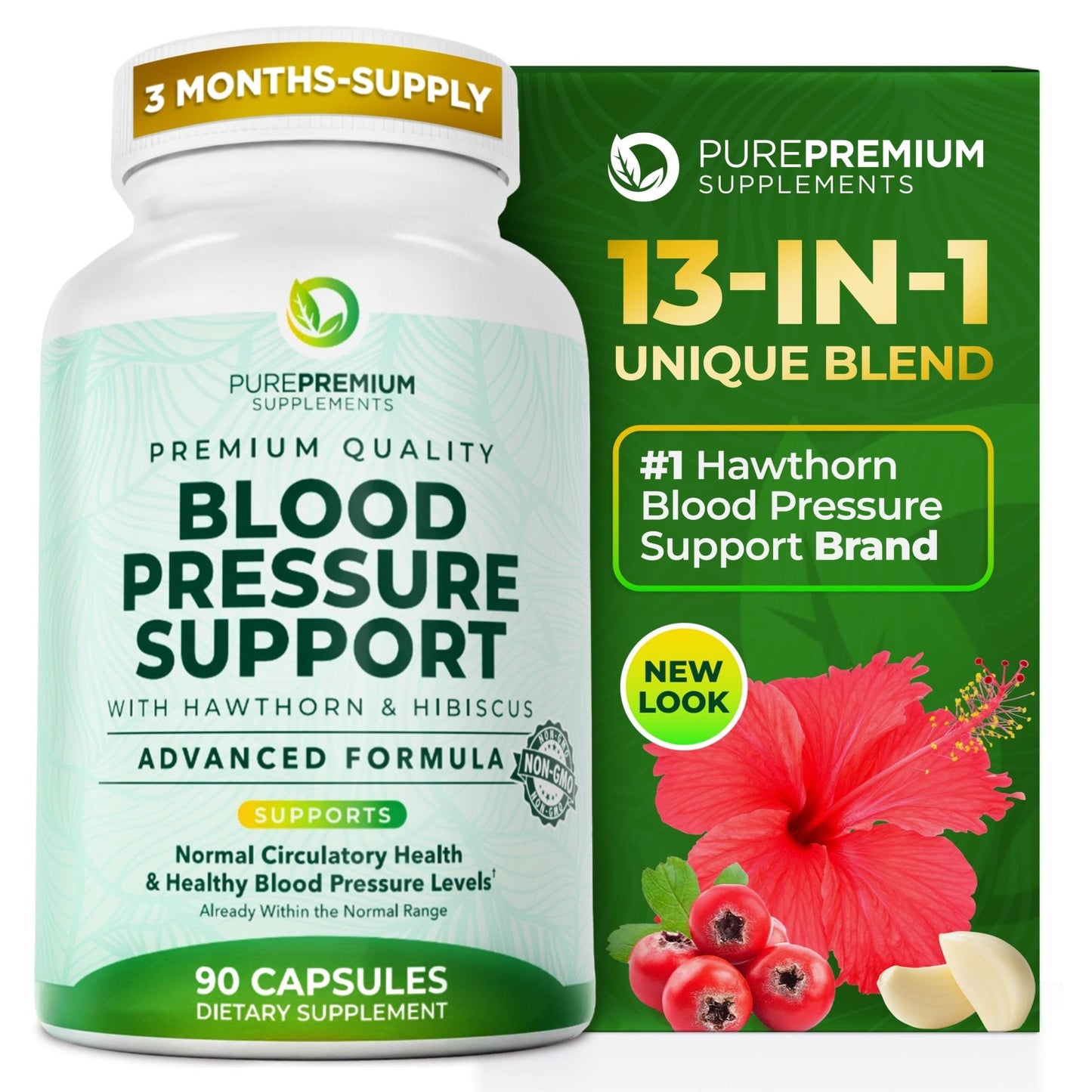 PurePremium Blood Pressure Supplements with Hawthorn Berry, Hibiscus, Garlic & Vitamin B12- Nitric Oxide Supplement for Normal Heart Health - Maple Wellness Supplements