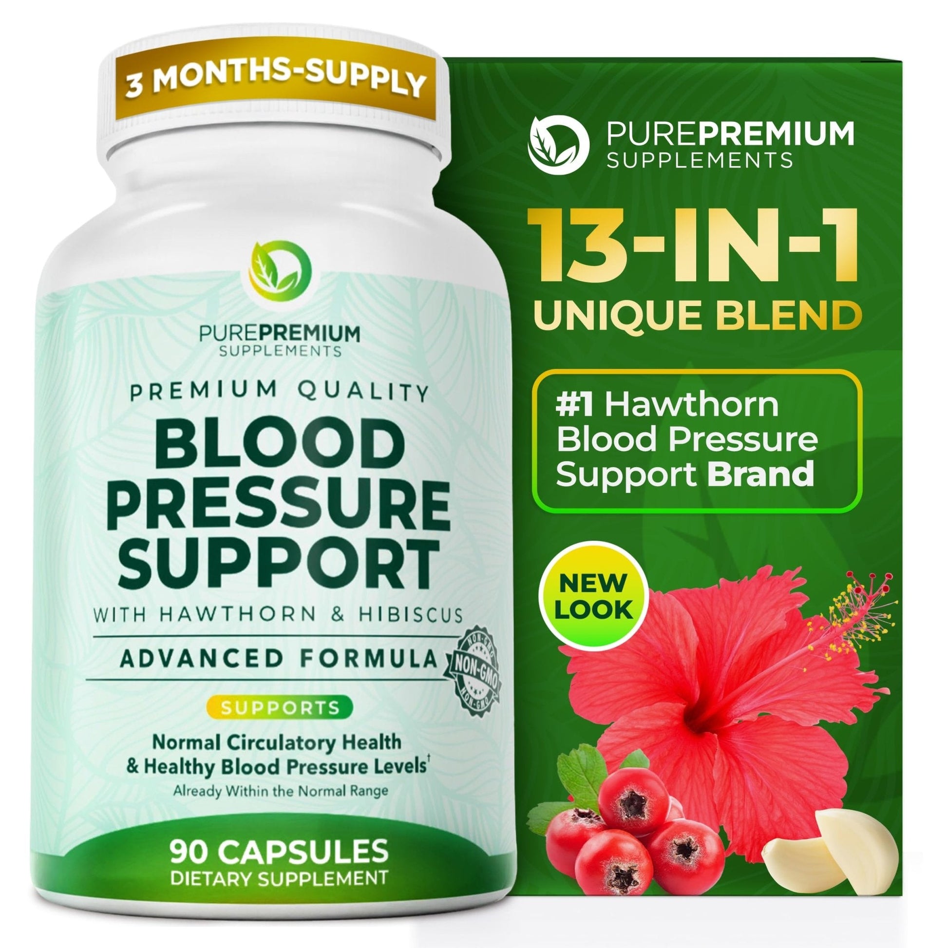 PurePremium Blood Pressure Supplements with Hawthorn Berry, Hibiscus, Garlic & Vitamin B12- Nitric Oxide Supplement for Normal Heart Health - Maple Wellness Supplements
