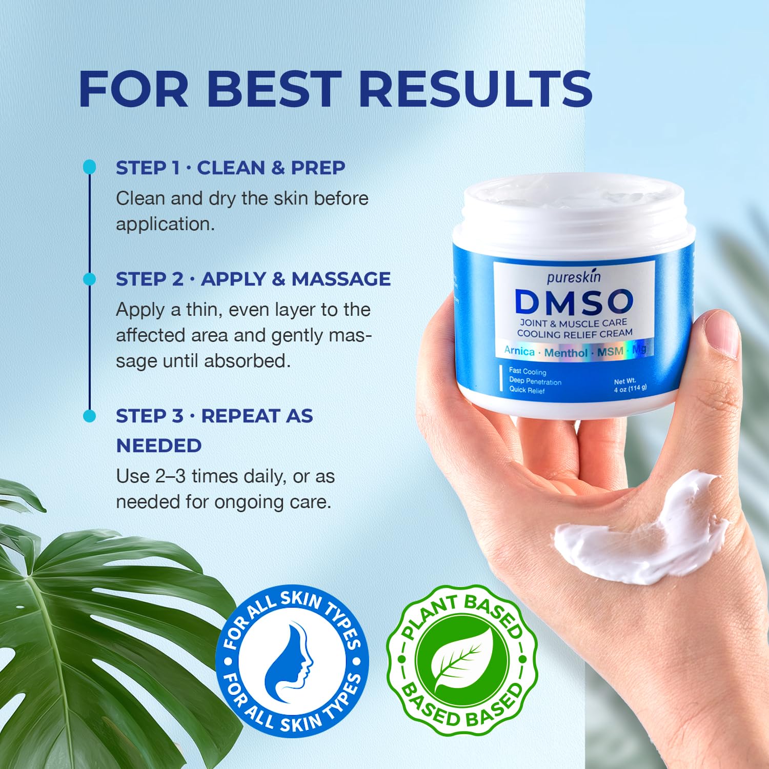 PURESKIN DMSO Relief Cream – Pharmaceutical Grade Fast-Absorbing Cooling Formula for Active Lifestyles – Lightweight Cream with Arnica, MSM, Magnesium, Menthol & Aloe, 4 oz - Maple Wellness Supplements