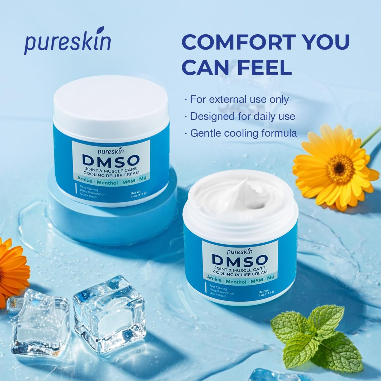 PURESKIN DMSO Relief Cream – Pharmaceutical Grade Fast-Absorbing Cooling Formula for Active Lifestyles – Lightweight Cream with Arnica, MSM, Magnesium, Menthol & Aloe, 4 oz - Maple Wellness Supplements