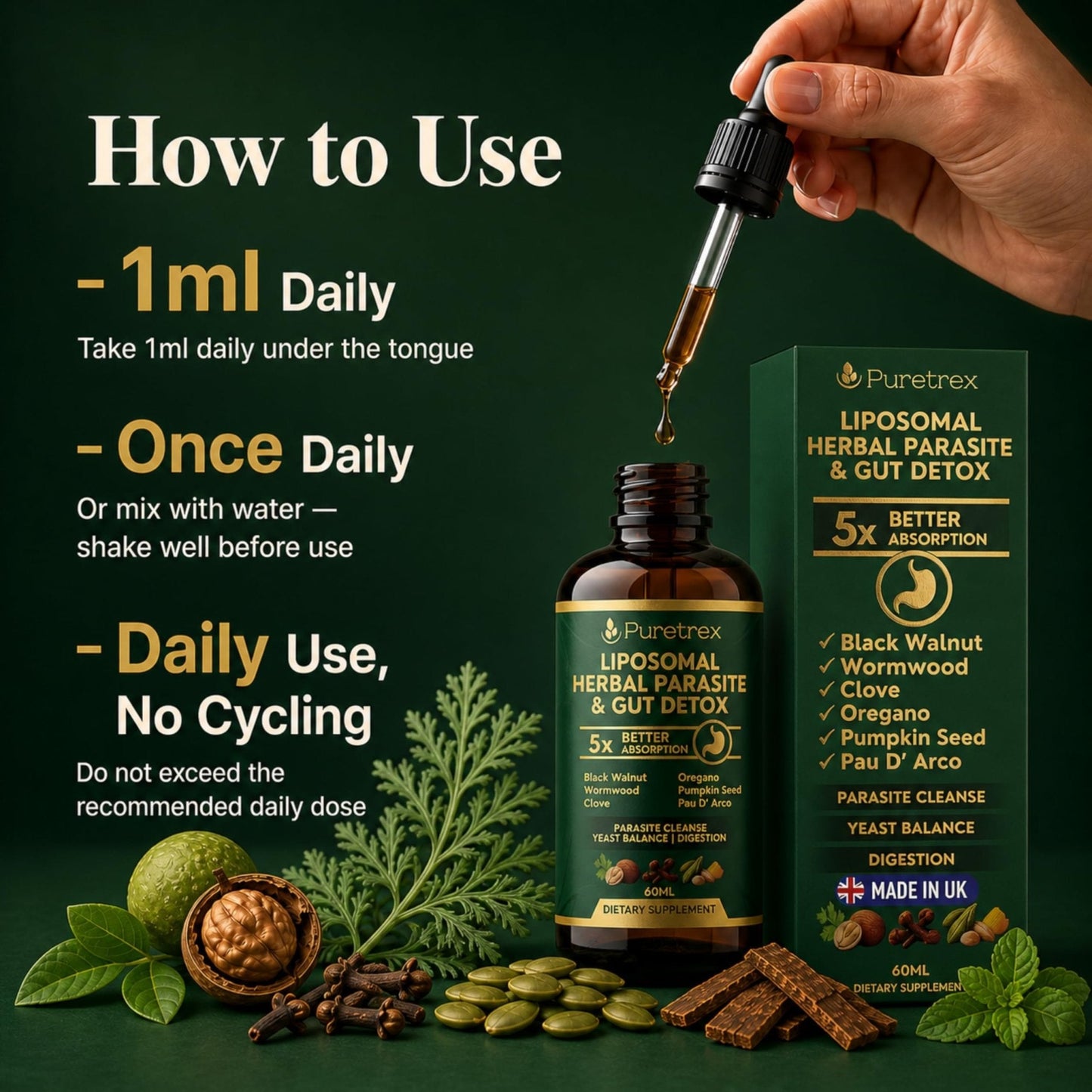 PURETREX Herbal Gut Detox & Cleanse Drops 2 fl oz, Liposomal Dewormer for Humans with Wormwood, Black Walnut, Clove, Pumpkin Seed, PAU D'Arco, Candida - Maple Wellness Supplements