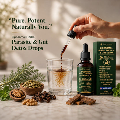 PURETREX Herbal Gut Detox & Cleanse Drops 2 fl oz, Liposomal Dewormer for Humans with Wormwood, Black Walnut, Clove, Pumpkin Seed, PAU D'Arco, Candida - Maple Wellness Supplements
