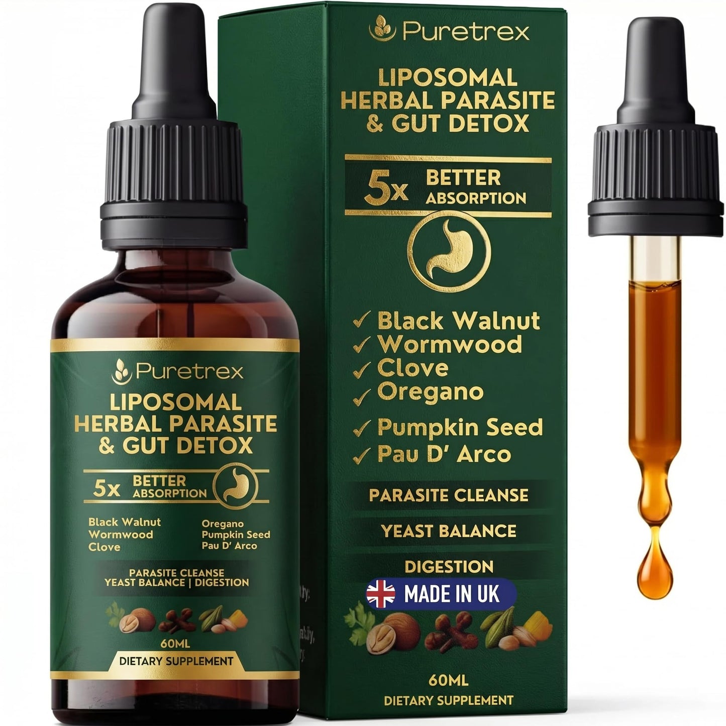 PURETREX Herbal Gut Detox & Cleanse Drops 2 fl oz, Liposomal Dewormer for Humans with Wormwood, Black Walnut, Clove, Pumpkin Seed, PAU D'Arco, Candida - Maple Wellness Supplements