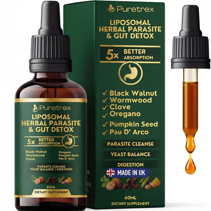 PURETREX Herbal Gut Detox & Cleanse Drops 2 fl oz, Liposomal Dewormer for Humans with Wormwood, Black Walnut, Clove, Pumpkin Seed, PAU D'Arco, Candida - Maple Wellness Supplements