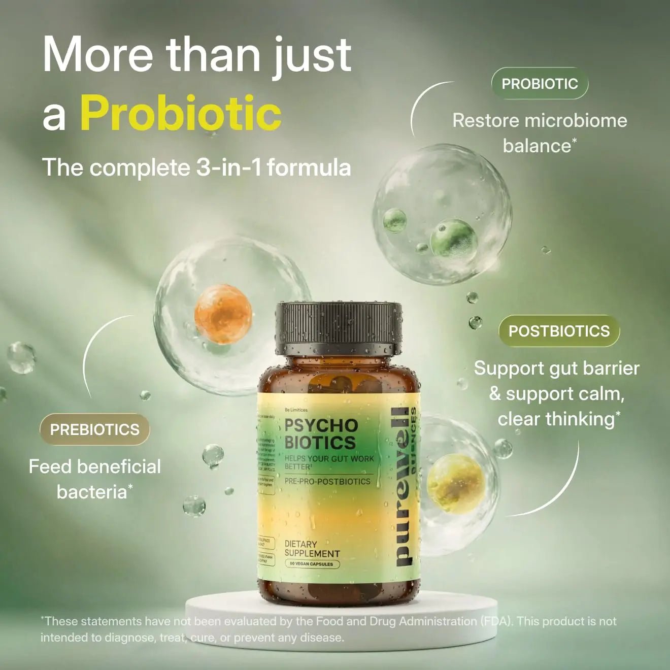 PUREWELL SCIENCES Psychobiotics – Advanced 3-in-1 Probiotic Prebiotic Postbiotic Supplement for Gut and Mood Support - 60 Vegan Probiotic Capsules – 50 Billion CFU – 1-Month Supply - Maple Wellness Supplements