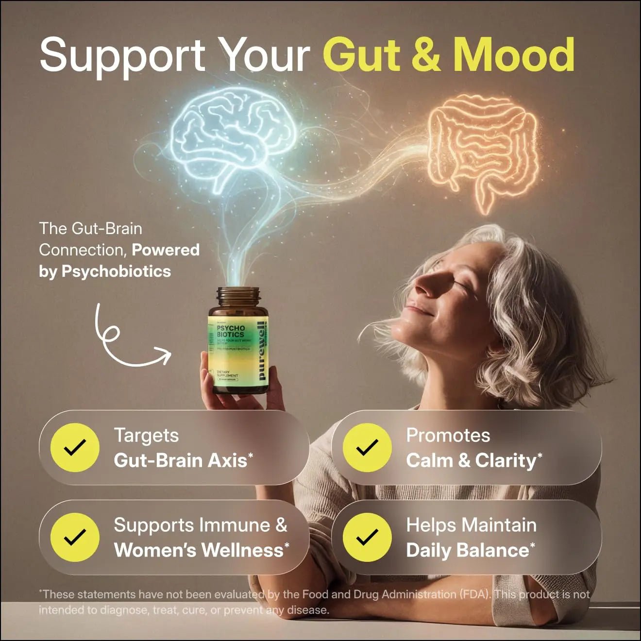 PUREWELL SCIENCES Psychobiotics – Advanced 3-in-1 Probiotic Prebiotic Postbiotic Supplement for Gut and Mood Support - 60 Vegan Probiotic Capsules – 50 Billion CFU – 1-Month Supply - Maple Wellness Supplements
