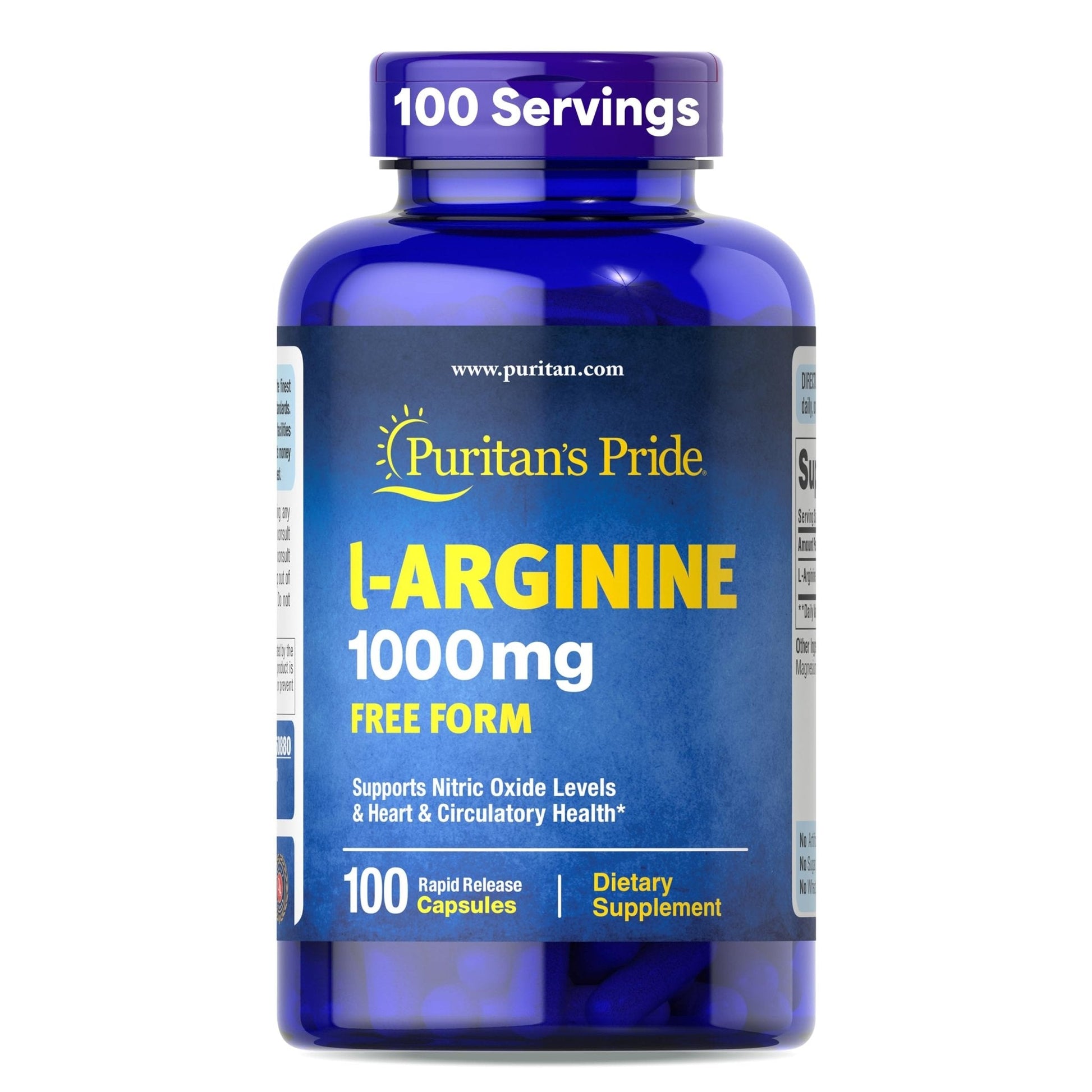 Puritan's Pride L-Arinine 1000mg, Dietary Supplement Supports Nitric Oxide Levels and Heart and Circulatory Heath, 100 Day Supply, 100 Tablets - Maple Wellness Supplements