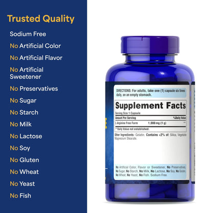Puritan's Pride L-Arinine 1000mg, Dietary Supplement Supports Nitric Oxide Levels and Heart and Circulatory Heath, 100 Day Supply, 100 Tablets - Maple Wellness Supplements