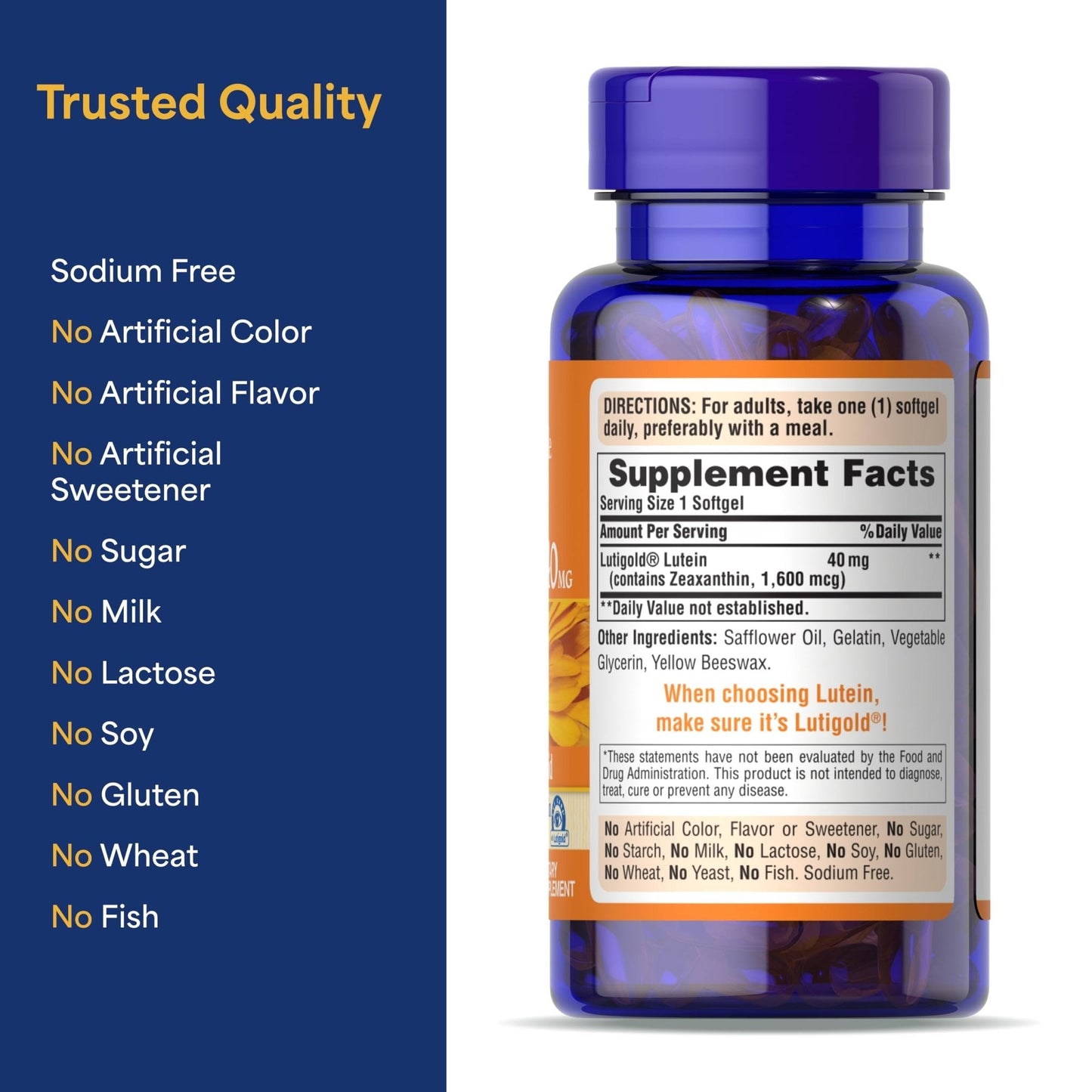 Puritan's Pride Premium Lutigold™ Lutein Carotenoid 40 mg with Zeaxanthin for Men and Women, Dietary Supplement for Eye Health Support, 2 Month Supply, 60 Easy-to-Swallow Softgels - Maple Wellness Supplements