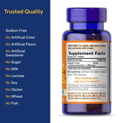 Puritan's Pride Premium Lutigold™ Lutein Carotenoid 40 mg with Zeaxanthin for Men and Women, Dietary Supplement for Eye Health Support, 2 Month Supply, 60 Easy-to-Swallow Softgels - Maple Wellness Supplements