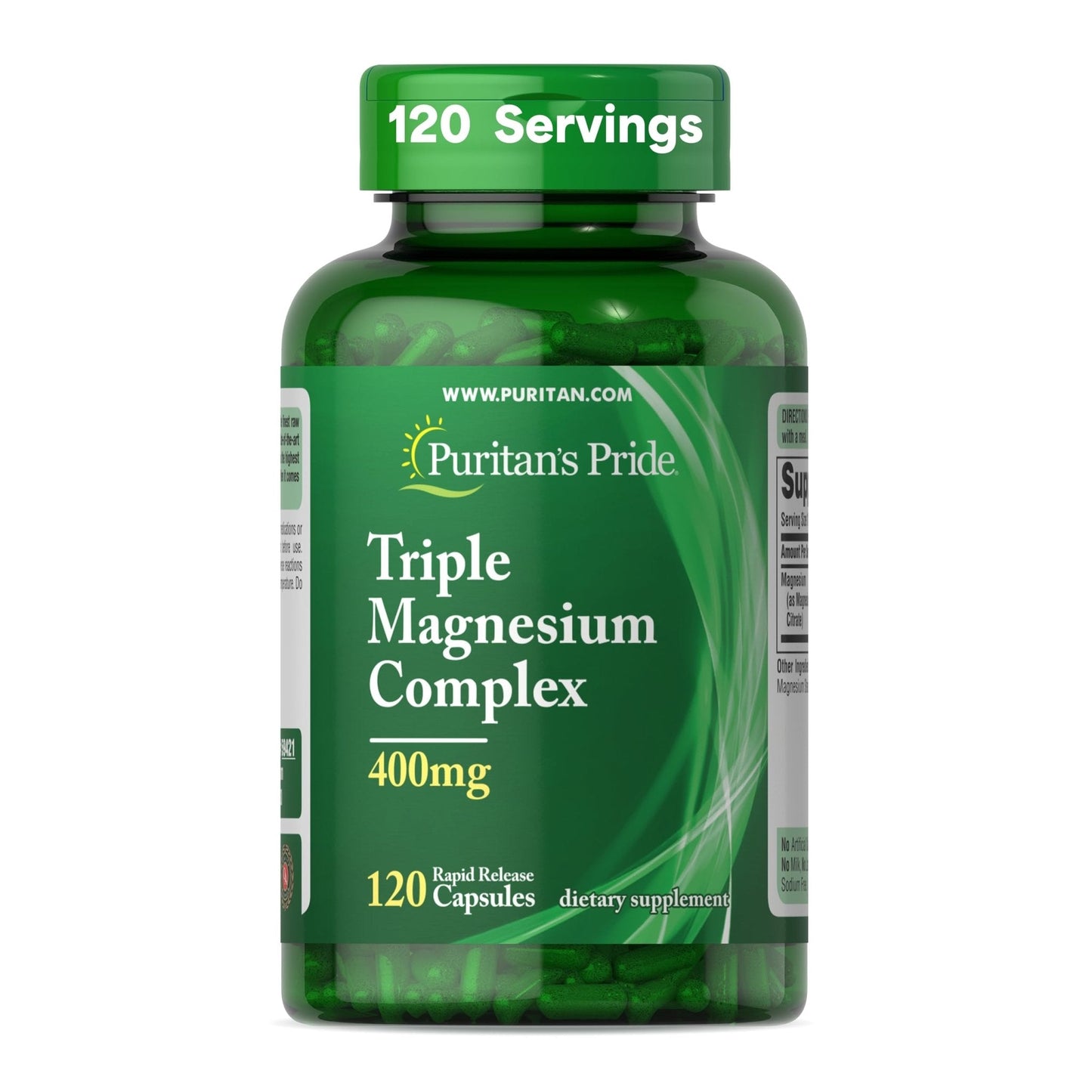 Puritan's Pride Triple Magnesium Complex with Magnesium Oxide, Aspartate, and Citrate 400mg, Dietary Supplement for Muscle, Heart, Nerve, and Bone Support, 120 Rapid Release Capsules - Maple Wellness Supplements