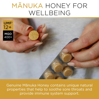 PURITI Premium Manuka Honey Lozenges High Potency - Sugar Free Drops | Genuine New Zealand Raw Manuka Honey Soothers for Coughs & Sore Throats | UMF Certified MGO 400+ UMF12+ (16 Pack) - Maple Wellness Supplements