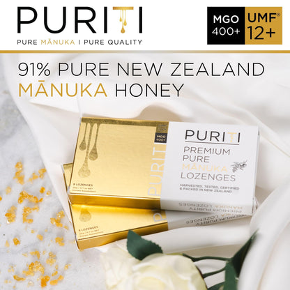 PURITI Premium Manuka Honey Lozenges High Potency - Sugar Free Drops | Genuine New Zealand Raw Manuka Honey Soothers for Coughs & Sore Throats | UMF Certified MGO 400+ UMF12+ (16 Pack) - Maple Wellness Supplements