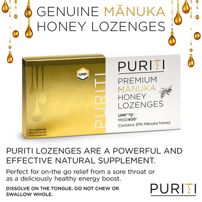 PURITI Premium Manuka Honey Lozenges High Potency - Sugar Free Drops | Genuine New Zealand Raw Manuka Honey Soothers for Coughs & Sore Throats | UMF Certified MGO 400+ UMF12+ (16 Pack) - Maple Wellness Supplements