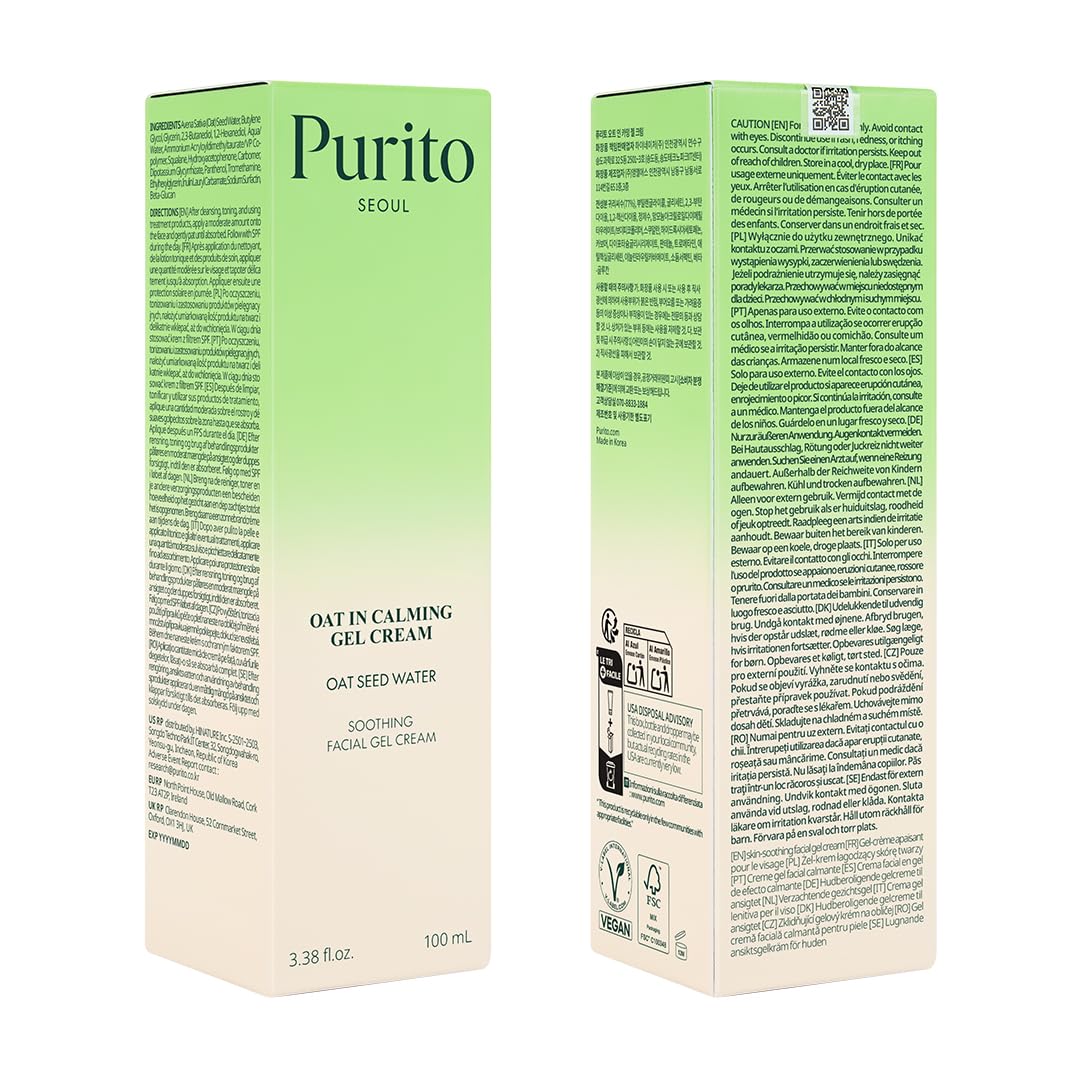 PURITO Oat In Calming Gel Cream, Non-Comedogenic, 77% Oat Seed Water Lightweight Water-Gel Face Moisturizer - Maple Wellness Supplements