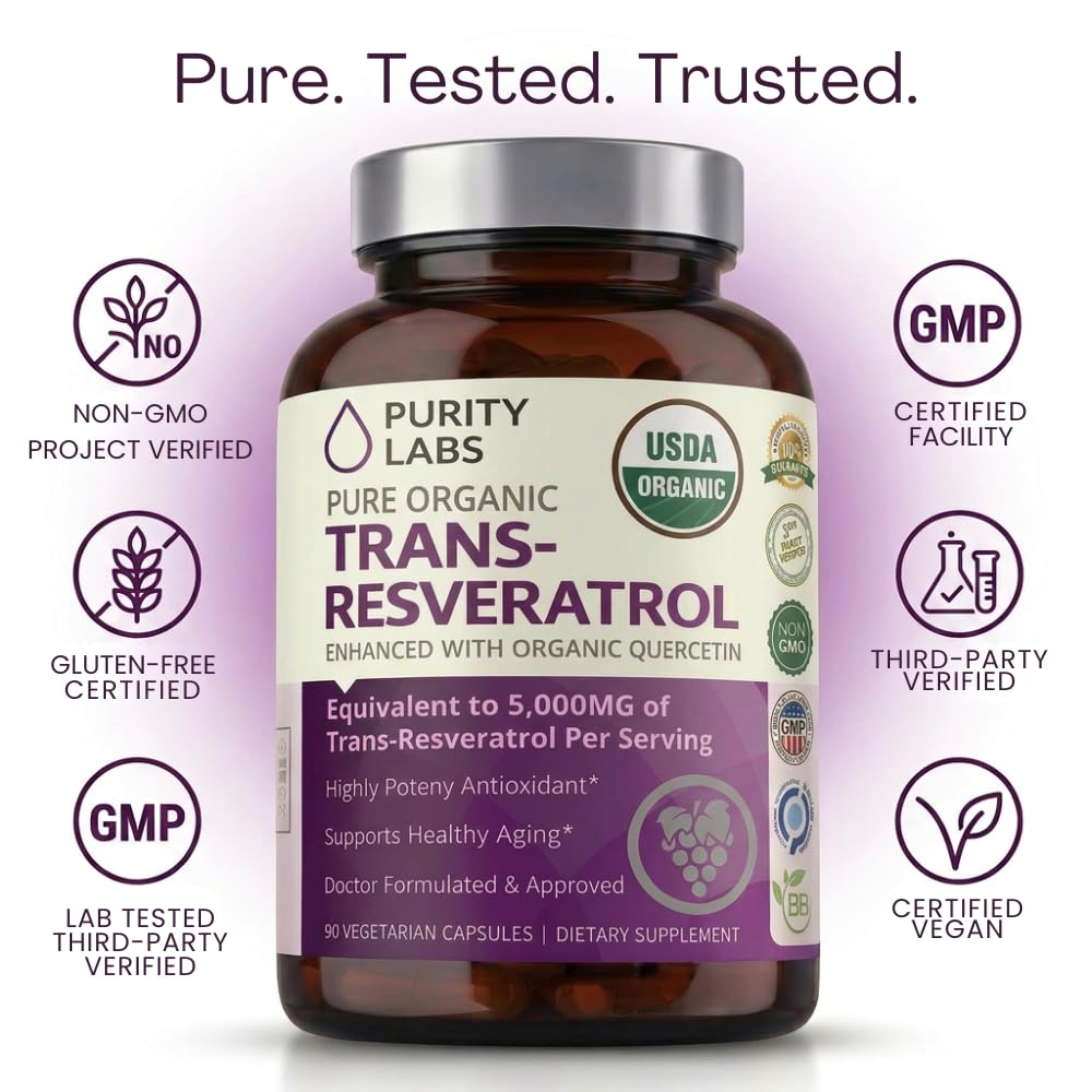 Purity Labs Trans-Resveratrol Supplement 5,000 mg Equivalent per Serving with Quercetin, USDA Organic High Potency Antioxidant, - Maple Wellness Supplements