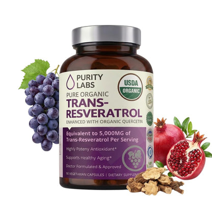 Purity Labs Trans-Resveratrol Supplement 5,000 mg Equivalent per Serving with Quercetin, USDA Organic High Potency Antioxidant, - Maple Wellness Supplements