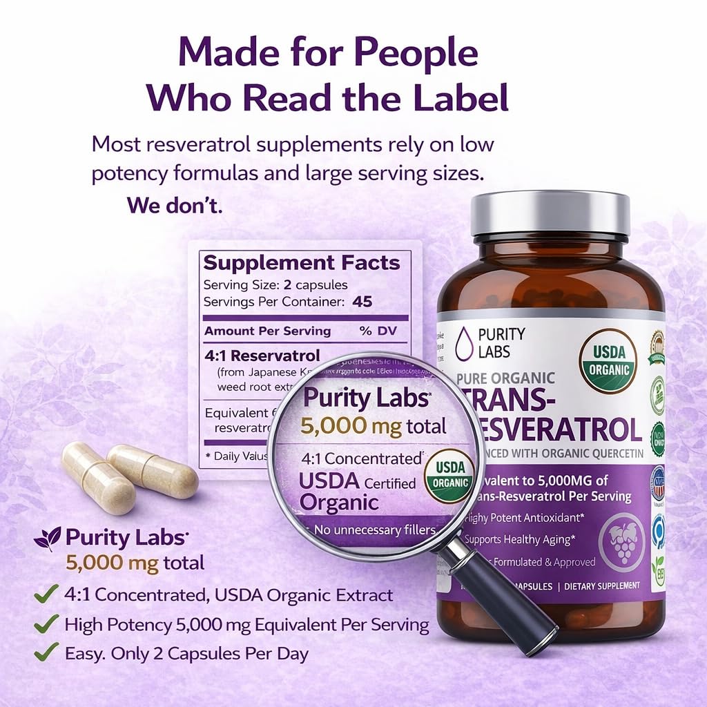 Purity Labs Trans-Resveratrol Supplement 5,000 mg Equivalent per Serving with Quercetin, USDA Organic High Potency Antioxidant, - Maple Wellness Supplements