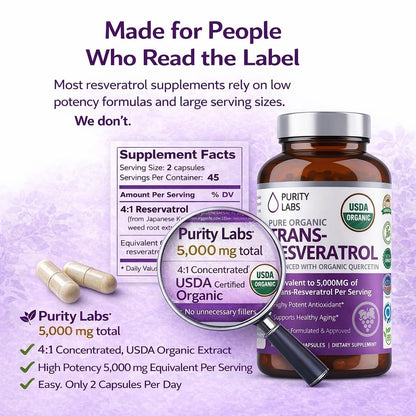Purity Labs Trans-Resveratrol Supplement 5,000 mg Equivalent per Serving with Quercetin, USDA Organic High Potency Antioxidant, - Maple Wellness Supplements
