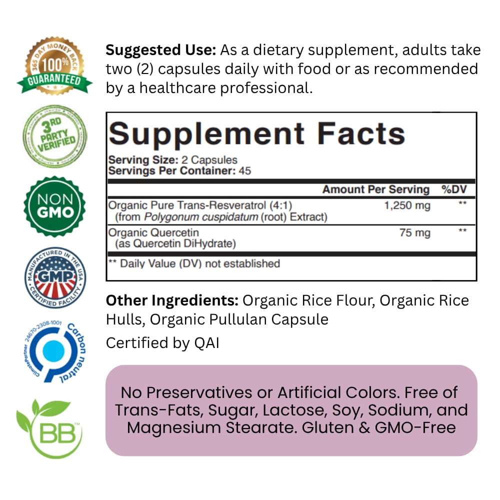 Purity Labs Trans-Resveratrol Supplement 5,000 mg Equivalent per Serving with Quercetin, USDA Organic High Potency Antioxidant, - Maple Wellness Supplements
