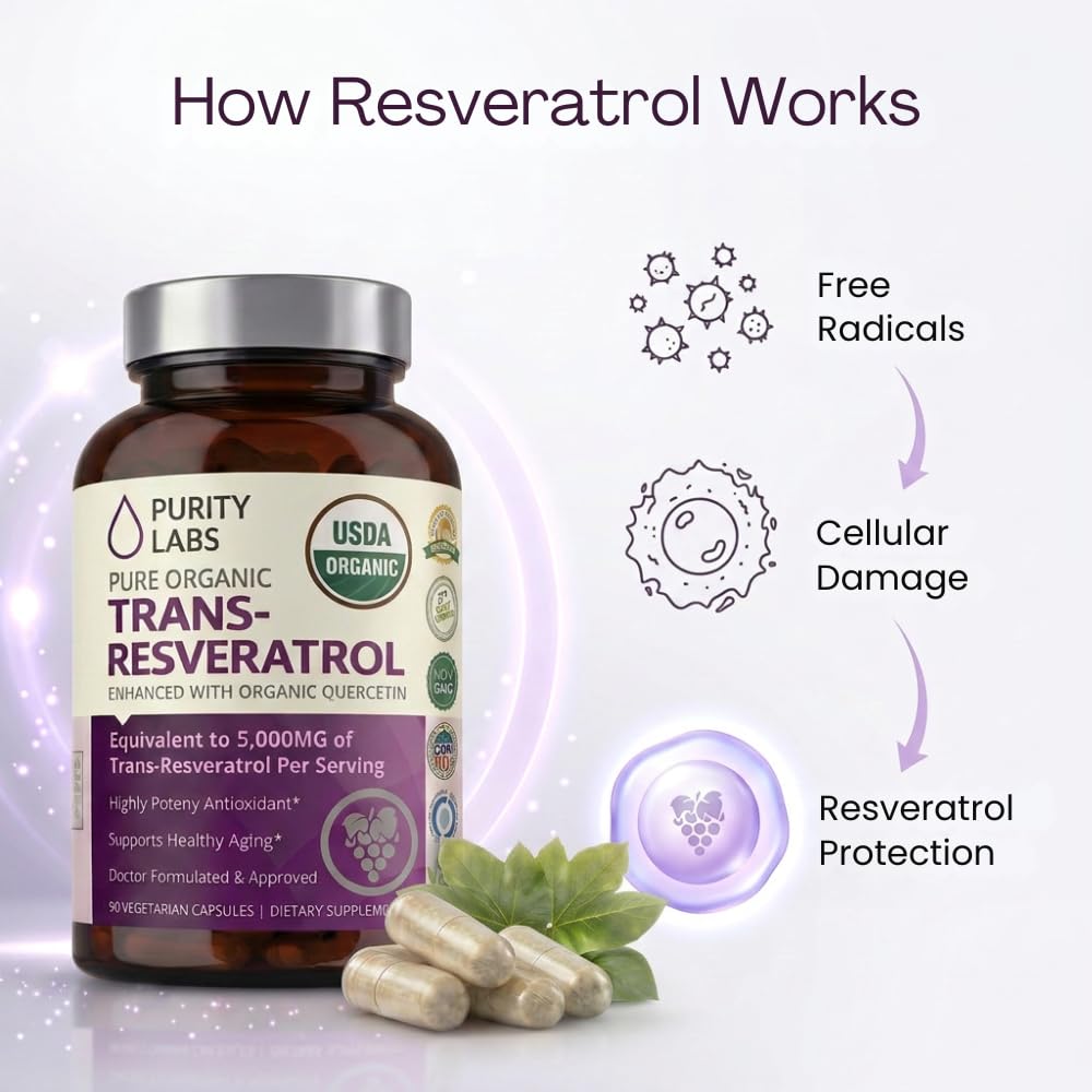 Purity Labs Trans-Resveratrol Supplement 5,000 mg Equivalent per Serving with Quercetin, USDA Organic High Potency Antioxidant, - Maple Wellness Supplements