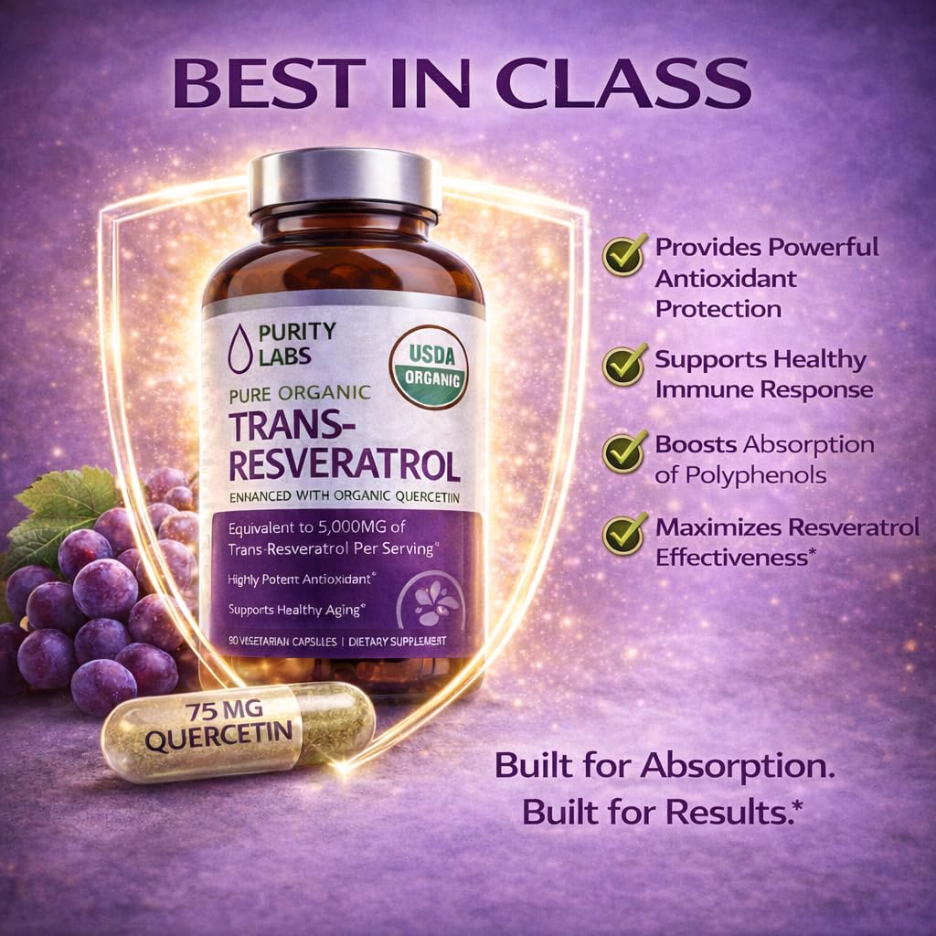 Purity Labs Trans-Resveratrol Supplement 5,000 mg Equivalent per Serving with Quercetin, USDA Organic High Potency Antioxidant, - Maple Wellness Supplements