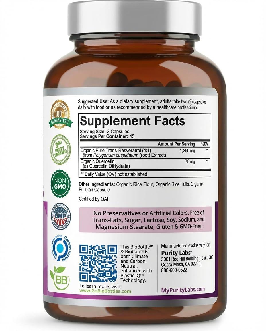 Purity Labs Trans-Resveratrol Supplement 5,000 mg Equivalent per Serving with Quercetin, USDA Organic High Potency Antioxidant, - Maple Wellness Supplements