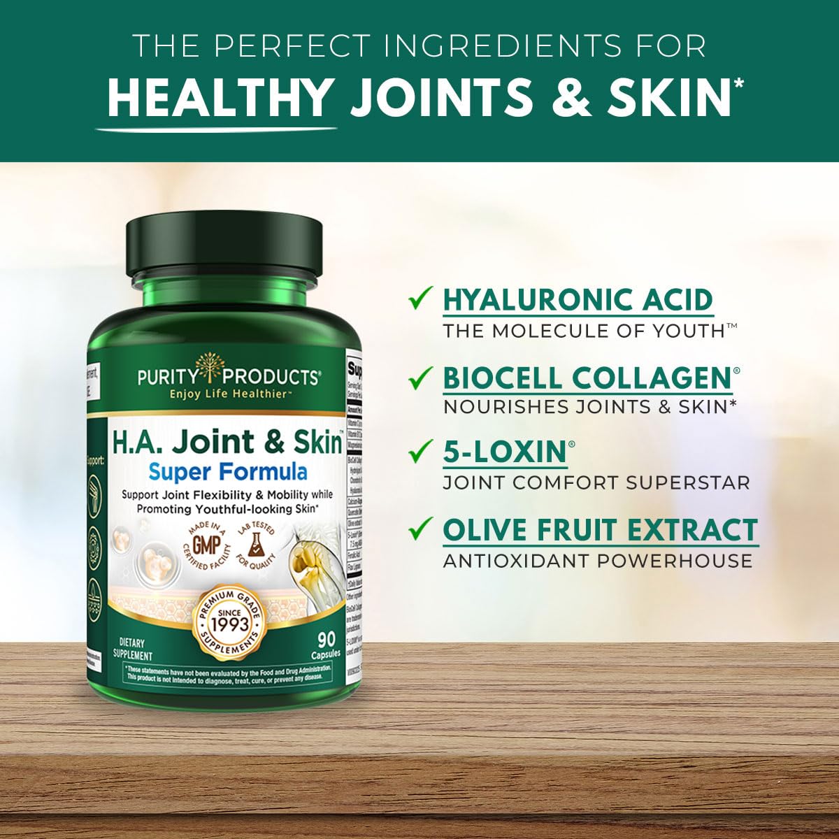 Purity Products H.A. Joint and Skin Super Formula Biocell Collagen w/Hyaluronic Acid Supports Healthy Joint Flexibility, Healthy Synovial Fluid, and Lubrication - 5-Loxin - 90 Capsules (1) - Maple Wellness Supplements