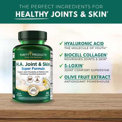 Purity Products H.A. Joint and Skin Super Formula Biocell Collagen w/Hyaluronic Acid Supports Healthy Joint Flexibility, Healthy Synovial Fluid, and Lubrication - 5-Loxin - 90 Capsules (1) - Maple Wellness Supplements