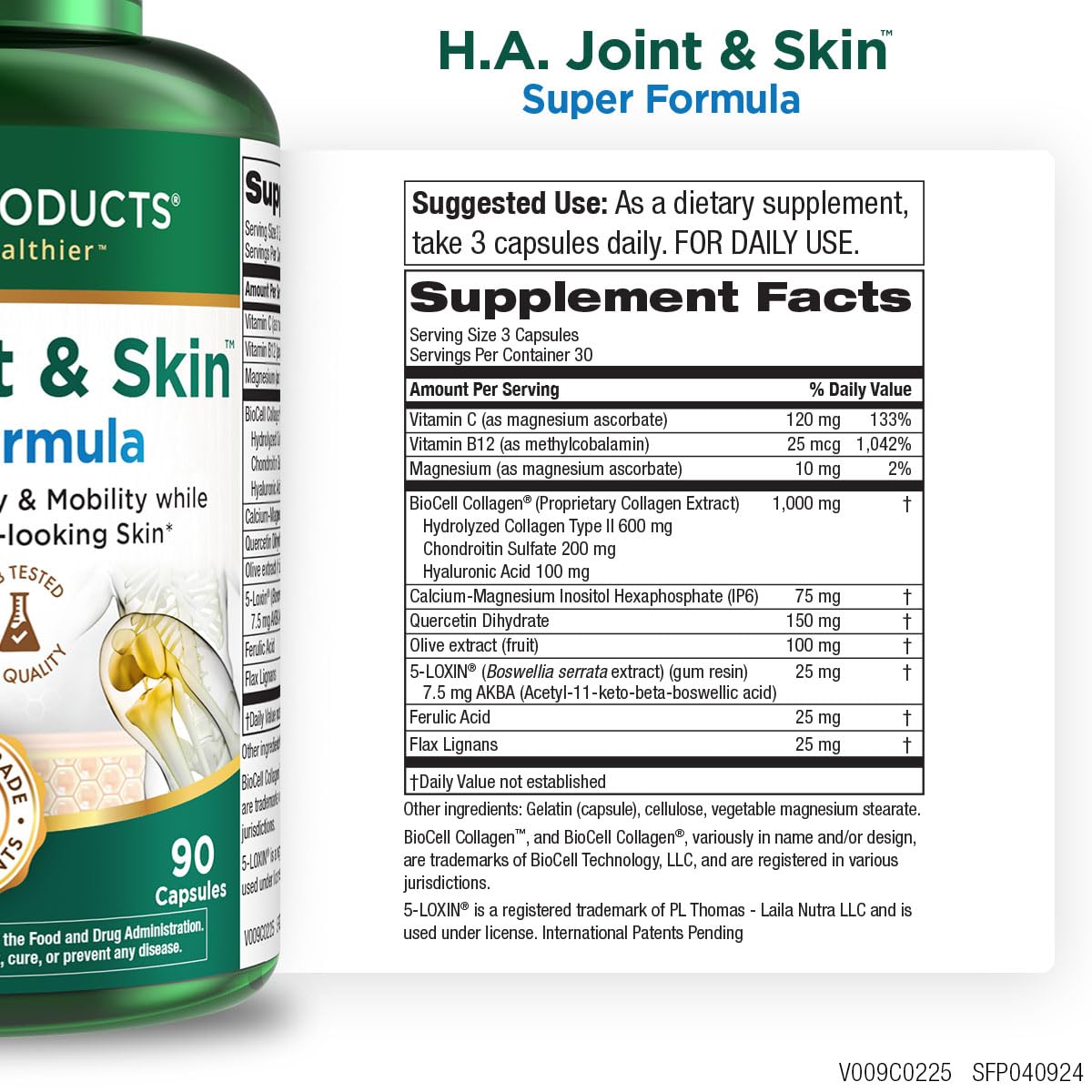 Purity Products H.A. Joint and Skin Super Formula Biocell Collagen w/Hyaluronic Acid Supports Healthy Joint Flexibility, Healthy Synovial Fluid, and Lubrication - 5-Loxin - 90 Capsules (1) - Maple Wellness Supplements