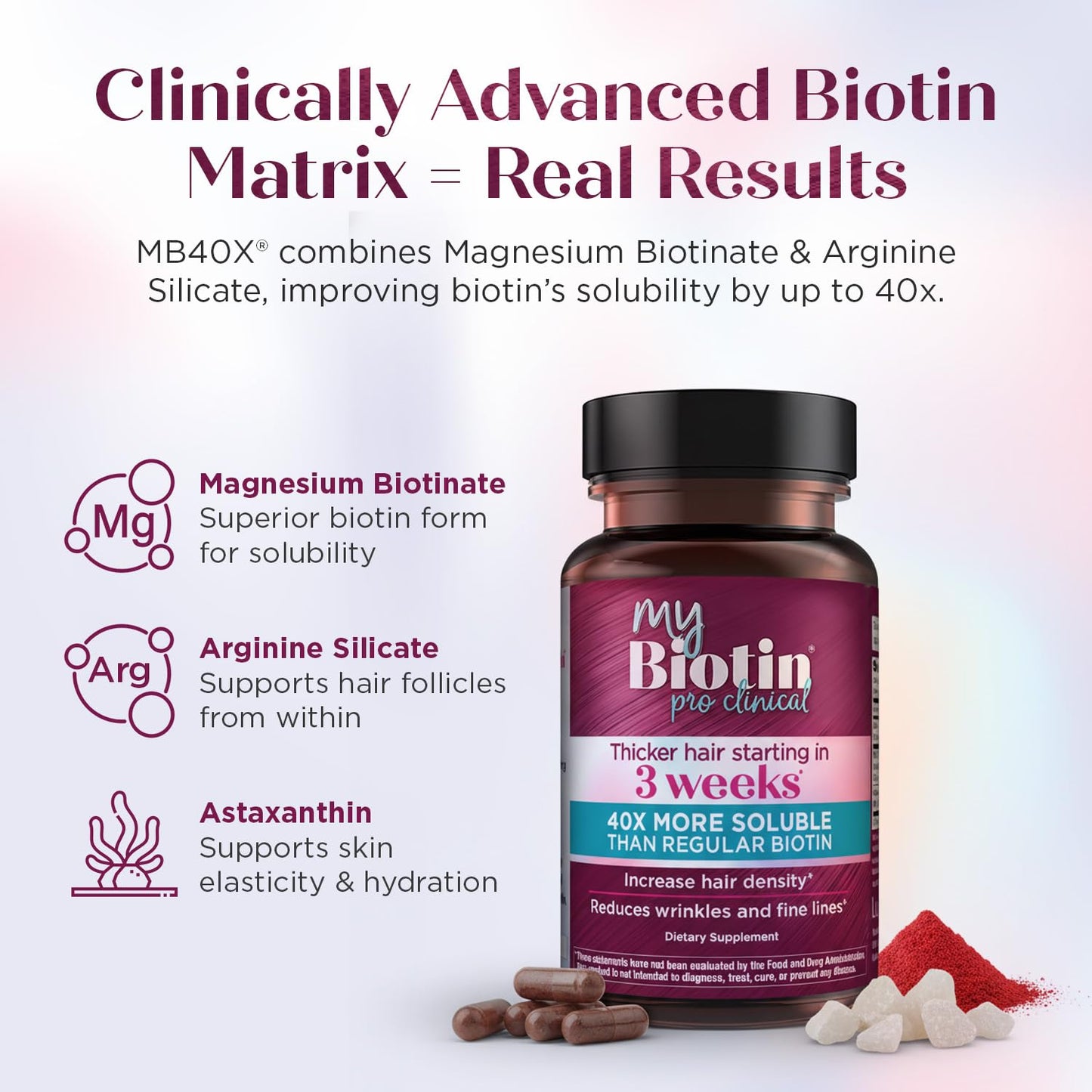 Purity Products MyBiotin ProClinical – Thicker Hair Starting in 3 Weeks & Fights Wrinkles - MB40X Patented Biotin Vitamin B7 Matrix w/Astaxanthin - Maple Wellness Supplements