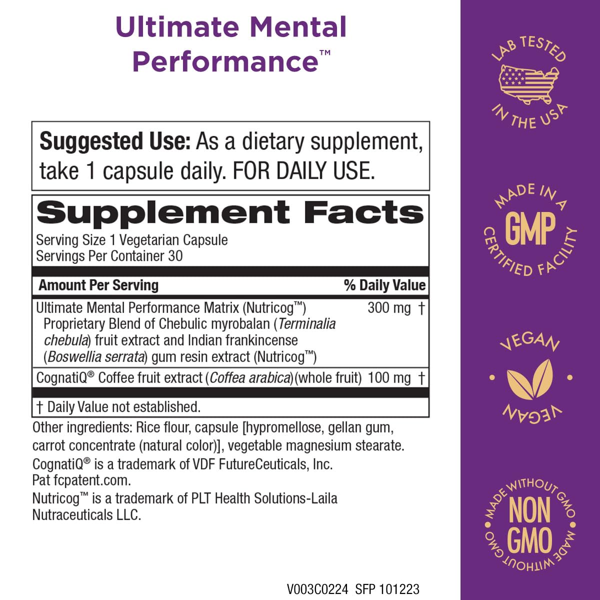 Purity Products Ultimate Mental Performance Supports Memory Recall, Mental Focus + More - Nootropic Powerhouse ft. Patented Botanical Plant-Based Ingredients - Vegan & Non-GMO - 30 Veggie Caps - Maple Wellness Supplements