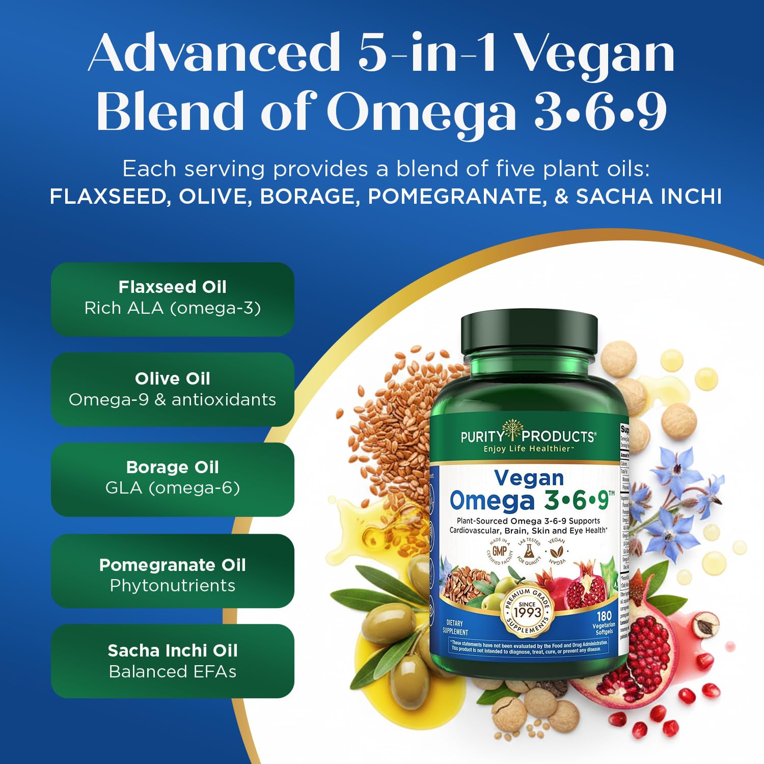 Purity Products Vegan Omega 3 6 9 Formula - “5 in 1” Essential Fatty Acid Complex - Scientifically Formulated Plant-Based Vegan Omega 3-6-9 Essential Fatty Acids - Maple Wellness Supplements