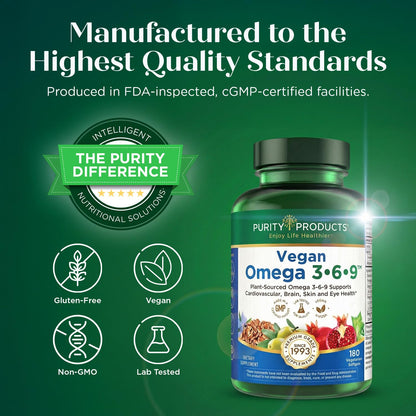 Purity Products Vegan Omega 3 6 9 Formula - “5 in 1” Essential Fatty Acid Complex - Scientifically Formulated Plant-Based Vegan Omega 3-6-9 Essential Fatty Acids - Maple Wellness Supplements