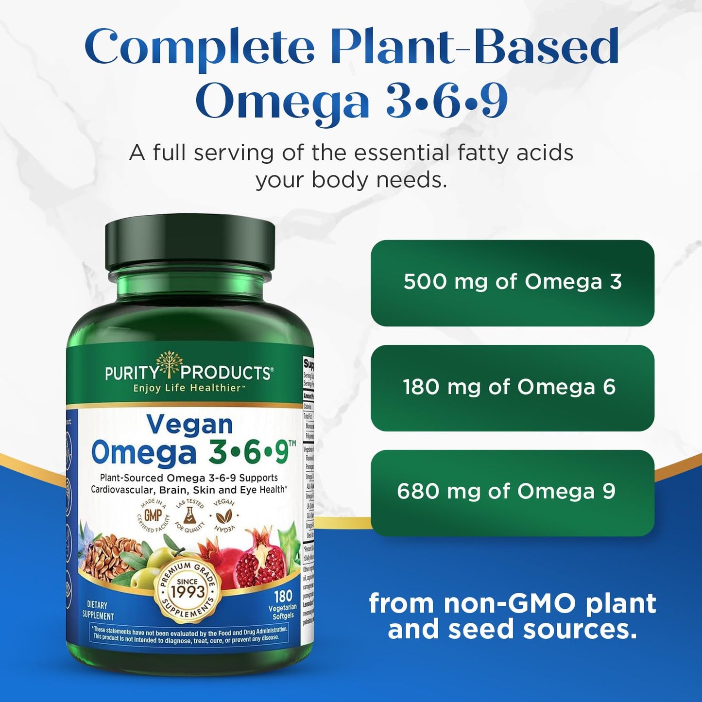 Purity Products Vegan Omega 3 6 9 Formula - “5 in 1” Essential Fatty Acid Complex - Scientifically Formulated Plant-Based Vegan Omega 3-6-9 Essential Fatty Acids - Maple Wellness Supplements