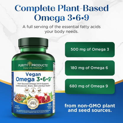 Purity Products Vegan Omega 3 6 9 Formula - “5 in 1” Essential Fatty Acid Complex - Scientifically Formulated Plant-Based Vegan Omega 3-6-9 Essential Fatty Acids - Maple Wellness Supplements